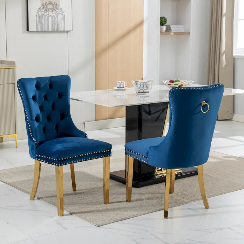 Set di 2 sedie da pranzo in velluto con borchie e gambe placcate oro