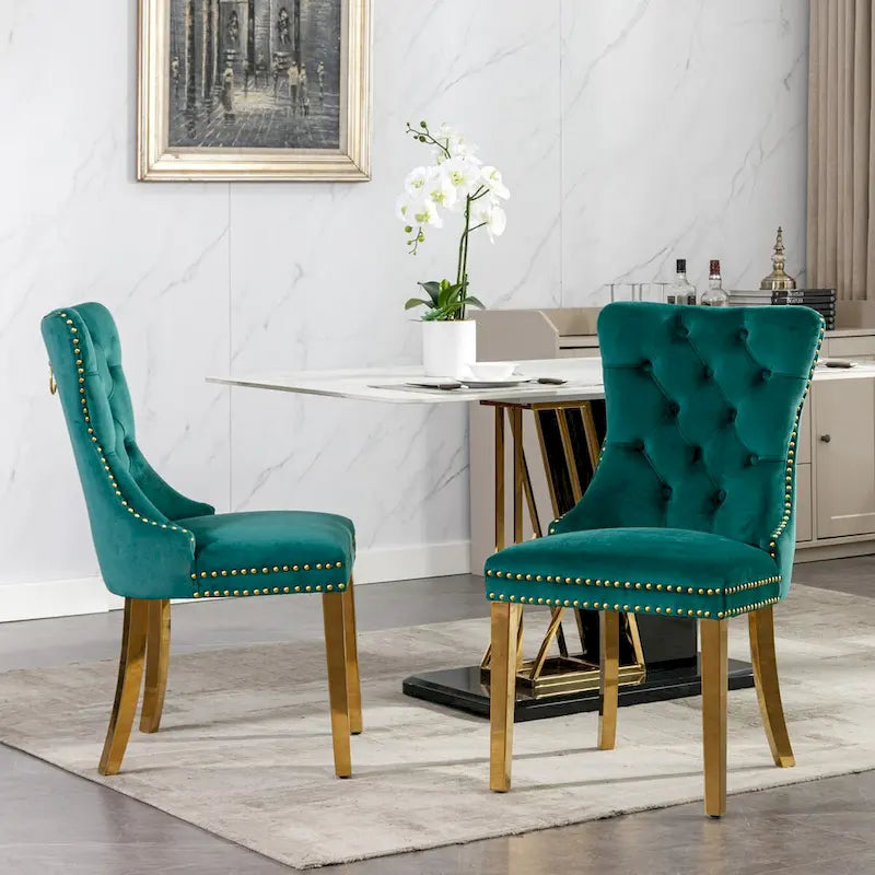 Set di 2 sedie da pranzo in velluto con borchie e gambe placcate oro