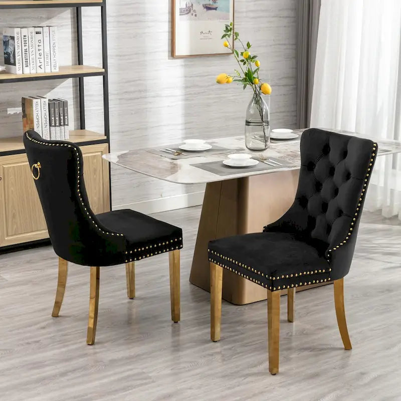 Set di 2 sedie da pranzo in velluto con borchie e gambe placcate oro