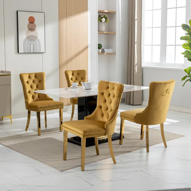 Set di 2 sedie da pranzo in velluto con borchie e gambe placcate oro