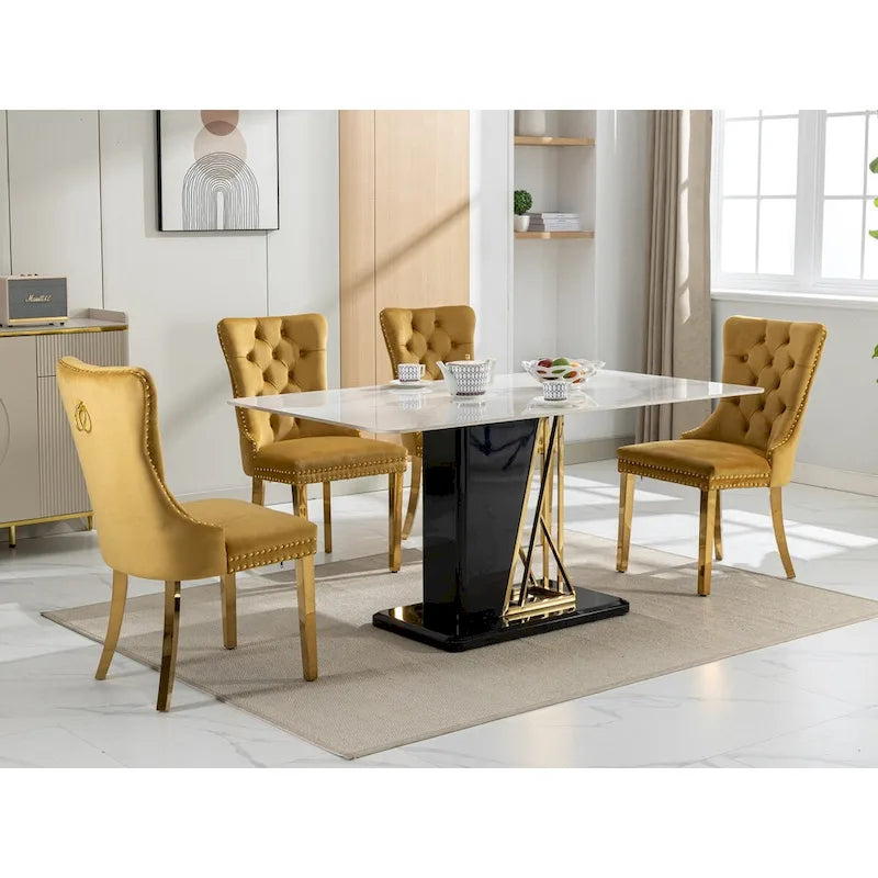 Set di 2 sedie da pranzo in velluto con borchie e gambe placcate oro