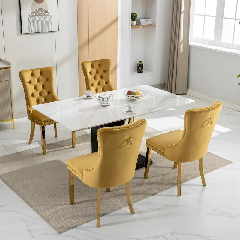 Set di 2 sedie da pranzo in velluto con borchie e gambe placcate oro
