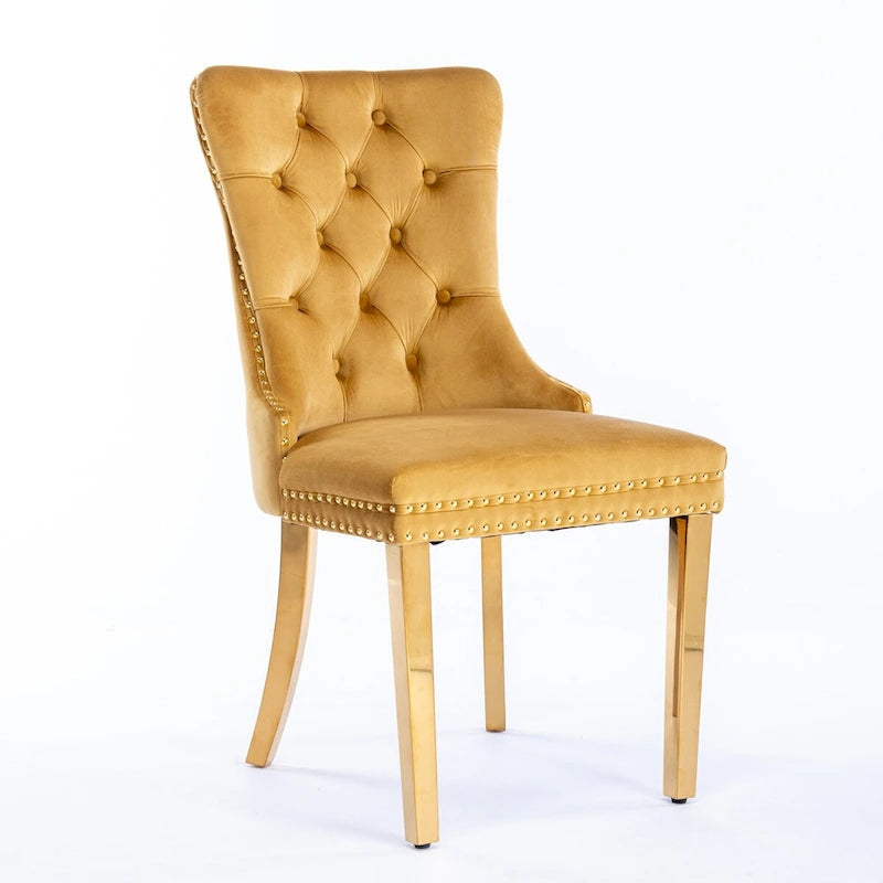 Set di 2 sedie da pranzo in velluto con borchie e gambe placcate oro