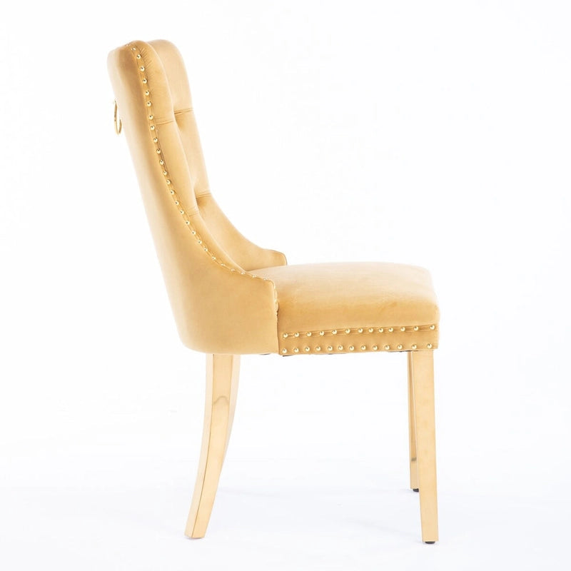 Set di 2 sedie da pranzo in velluto con borchie e gambe placcate oro
