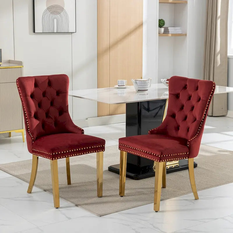 Set di 2 sedie da pranzo in velluto con borchie e gambe placcate oro