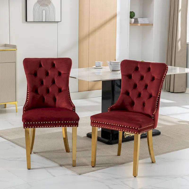 Set di 2 sedie da pranzo in velluto con borchie e gambe placcate oro