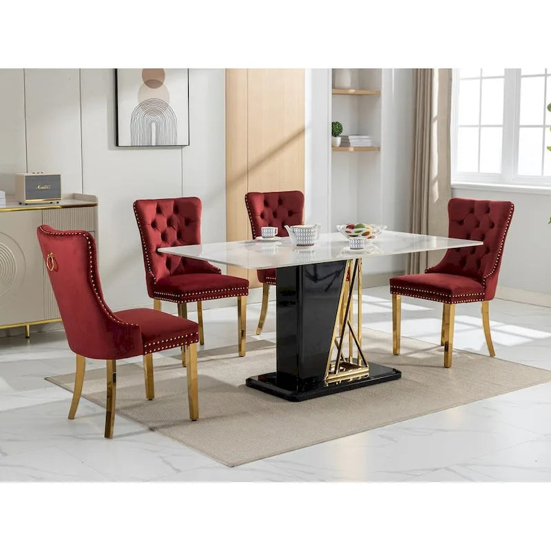 Set di 2 sedie da pranzo in velluto con borchie e gambe placcate oro