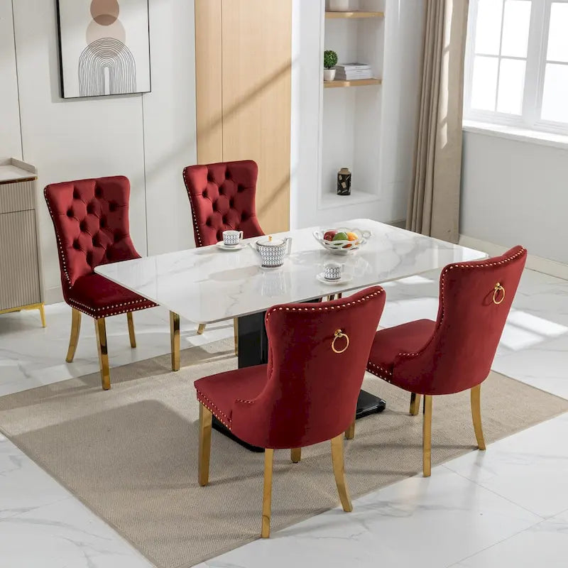 Set di 2 sedie da pranzo in velluto con borchie e gambe placcate oro