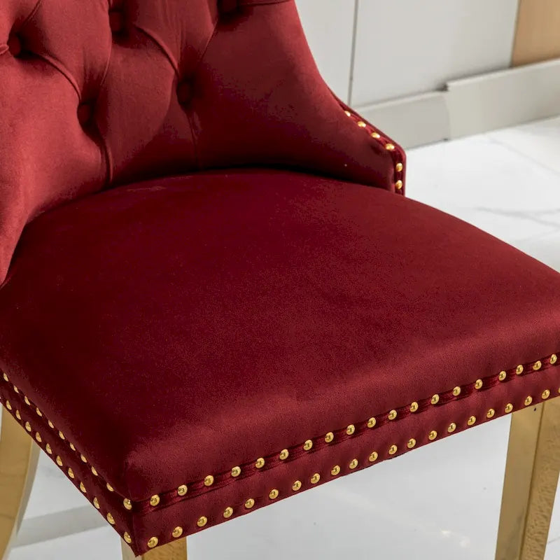Set di 2 sedie da pranzo in velluto con borchie e gambe placcate oro