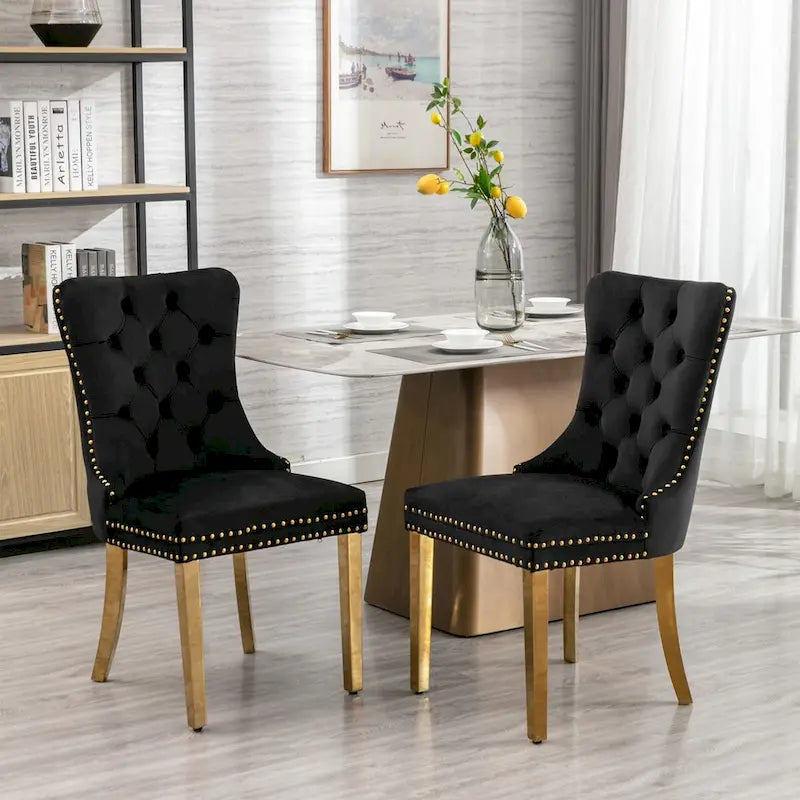 Set di 2 sedie da pranzo in velluto con borchie e gambe placcate oro