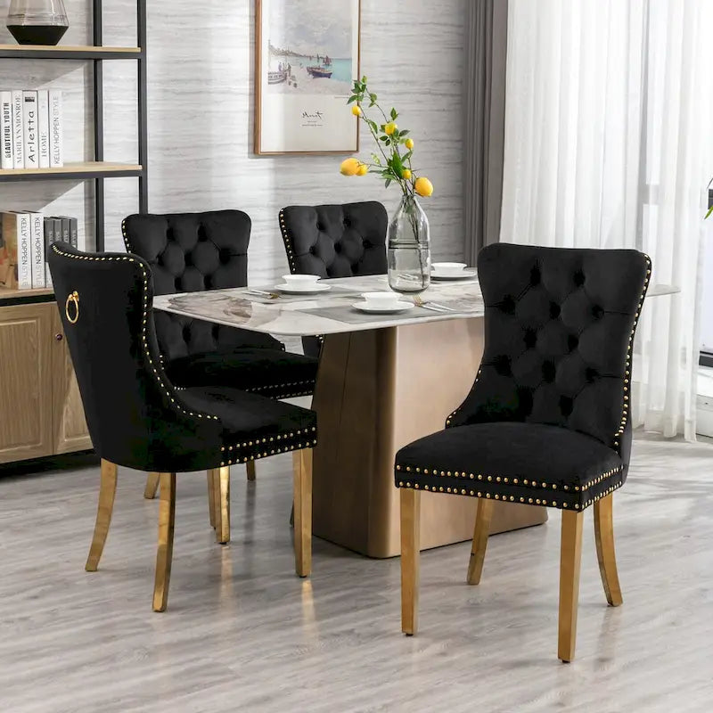 Set di 2 sedie da pranzo in velluto con borchie e gambe placcate oro