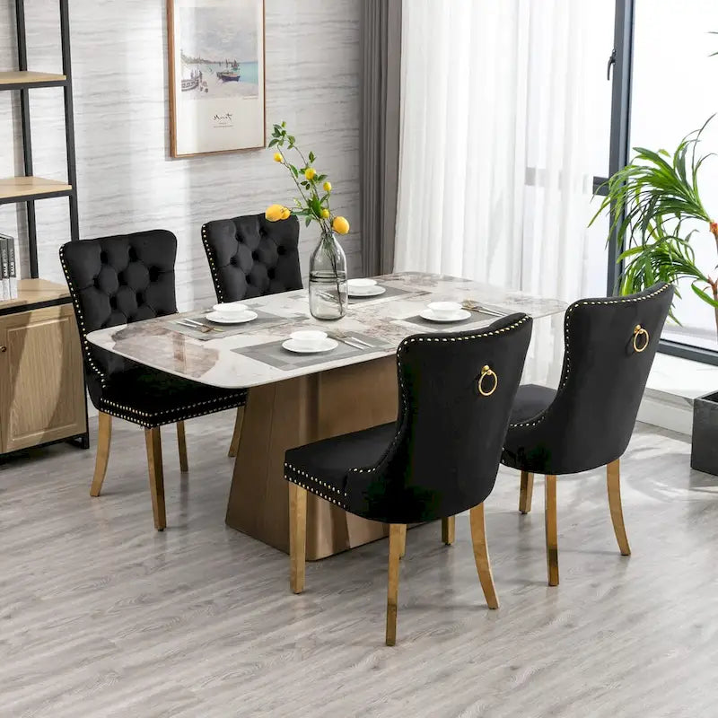 Set di 2 sedie da pranzo in velluto con borchie e gambe placcate oro