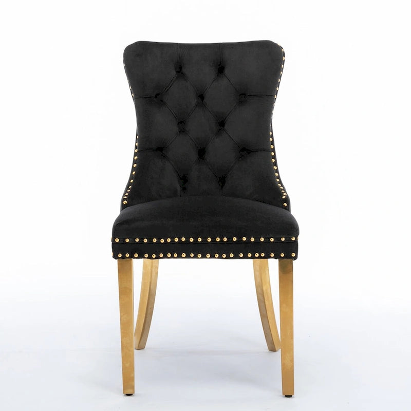 Set di 2 sedie da pranzo in velluto con borchie e gambe placcate oro