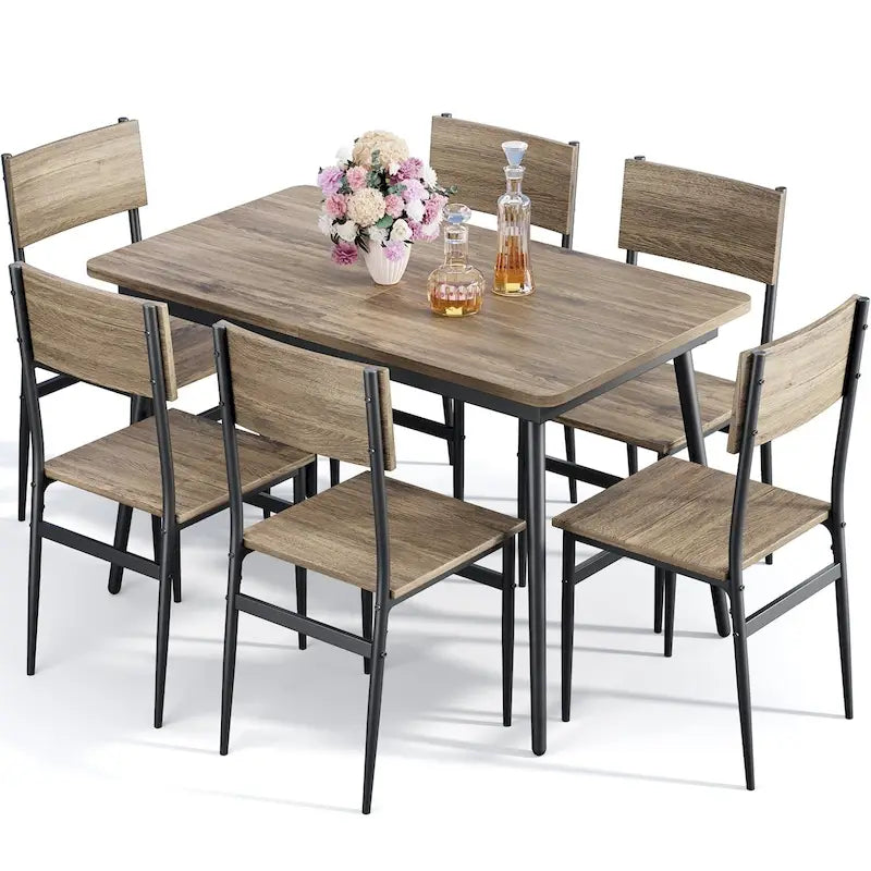 Set da 7 pezzi per tavolo da pranzo industriale da cucina con 6 sedie con schienale lungo