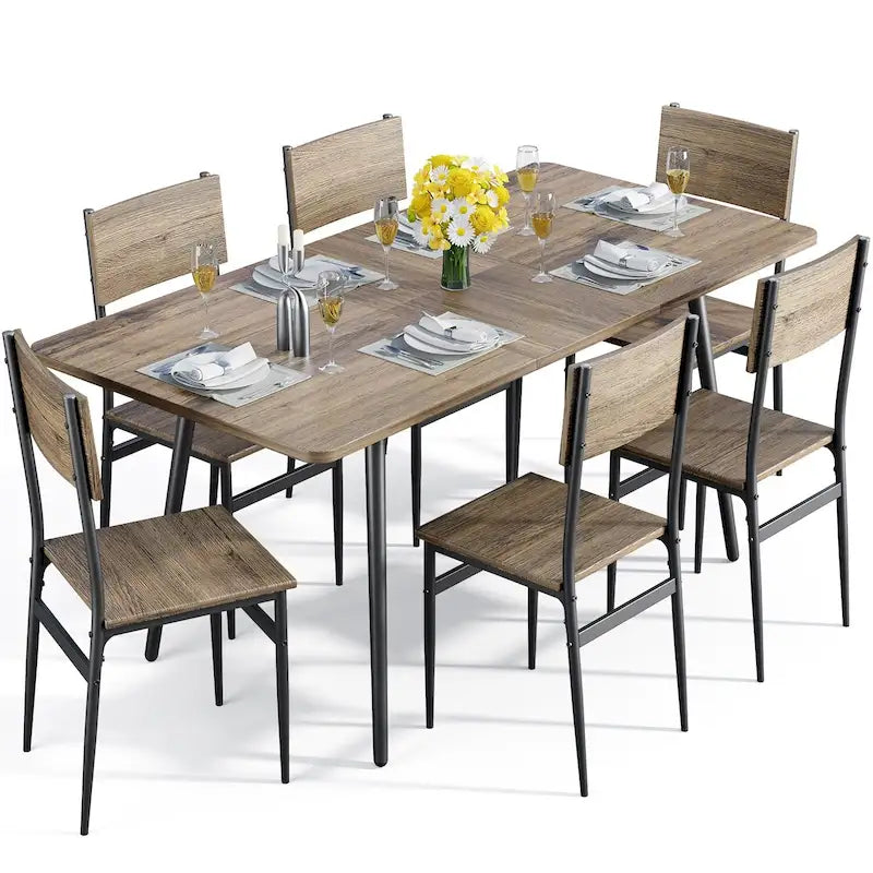 Set da 7 pezzi per tavolo da pranzo industriale da cucina con 6 sedie con schienale lungo
