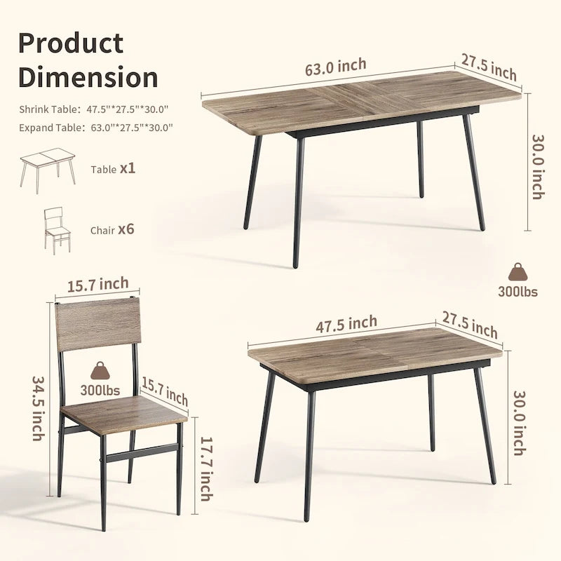 Set da 7 pezzi per tavolo da pranzo industriale da cucina con 6 sedie con schienale lungo