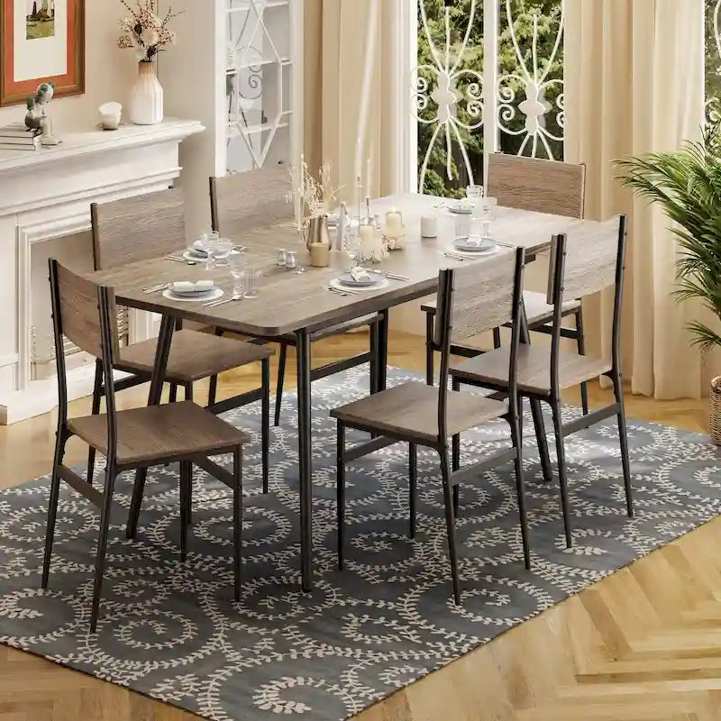 Set da 7 pezzi per tavolo da pranzo industriale da cucina con 6 sedie con schienale lungo