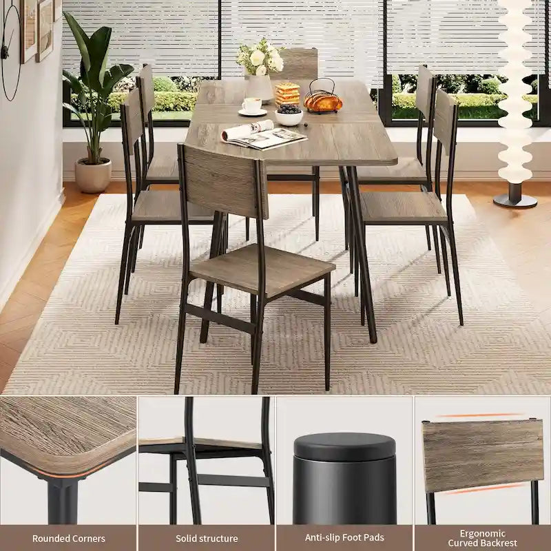 Set da 7 pezzi per tavolo da pranzo industriale da cucina con 6 sedie con schienale lungo