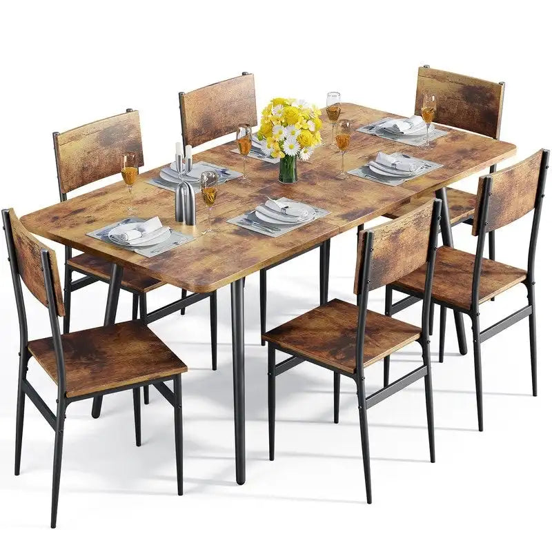 Set da 7 pezzi per tavolo da pranzo industriale da cucina con 6 sedie con schienale lungo