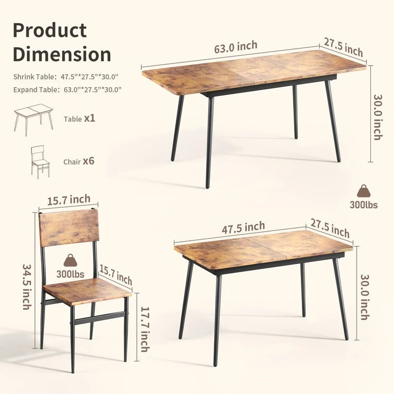 Set da 7 pezzi per tavolo da pranzo industriale da cucina con 6 sedie con schienale lungo