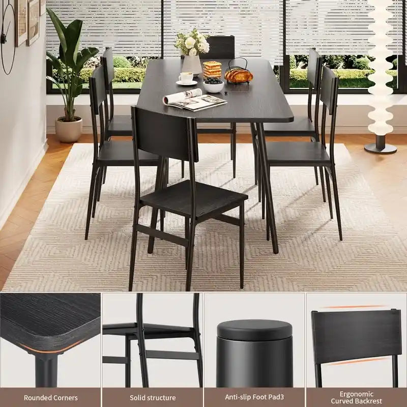 Set da 7 pezzi per tavolo da pranzo industriale da cucina con 6 sedie con schienale lungo
