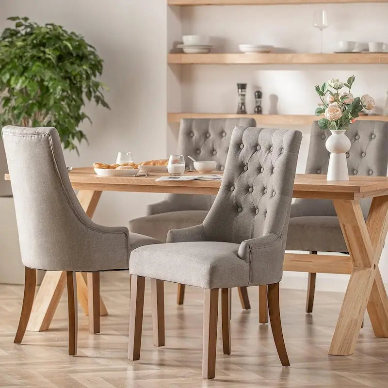 Sedie da Pranzo Imbottite con Schienale Alto (Wingback), Set da 2, Sedie da Pranzo in Tessuto con Bottoni Trapuntati