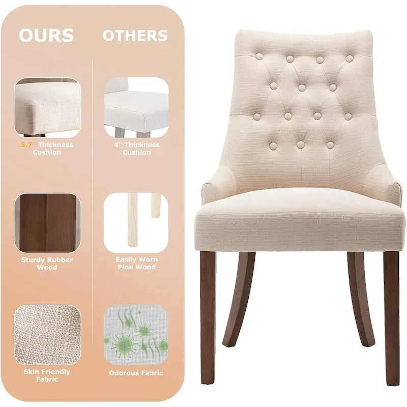 Lot de 2 chaises de salle à manger capitonnées avec dossier à oreilles, chaises d'appoint en tissu avec boutons touffetés
