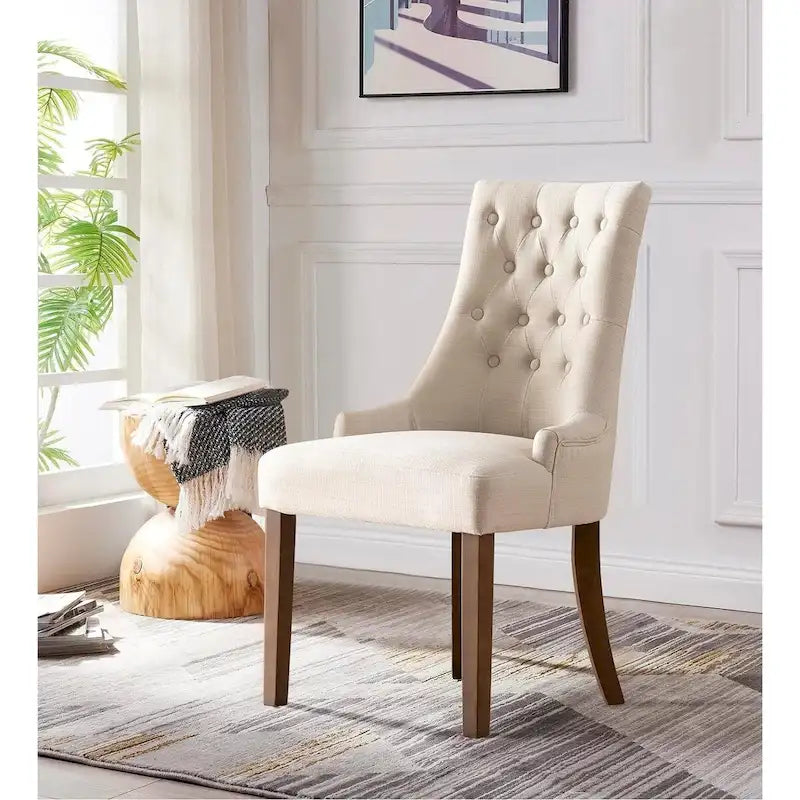 Lot de 2 chaises de salle à manger capitonnées avec dossier à oreilles, chaises d'appoint en tissu avec boutons touffetés