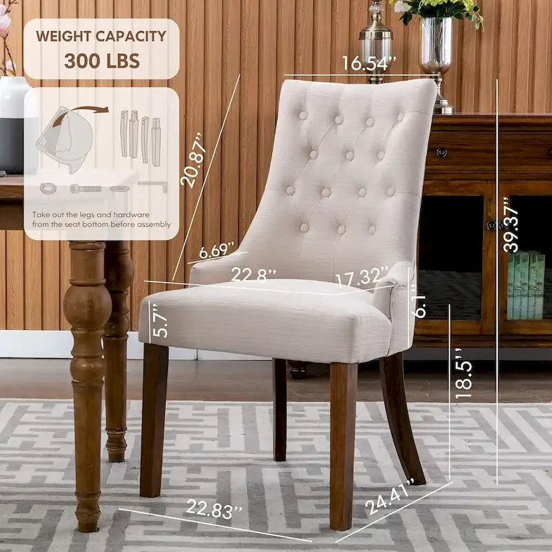 Lot de 2 chaises de salle à manger capitonnées avec dossier à oreilles, chaises d'appoint en tissu avec boutons touffetés