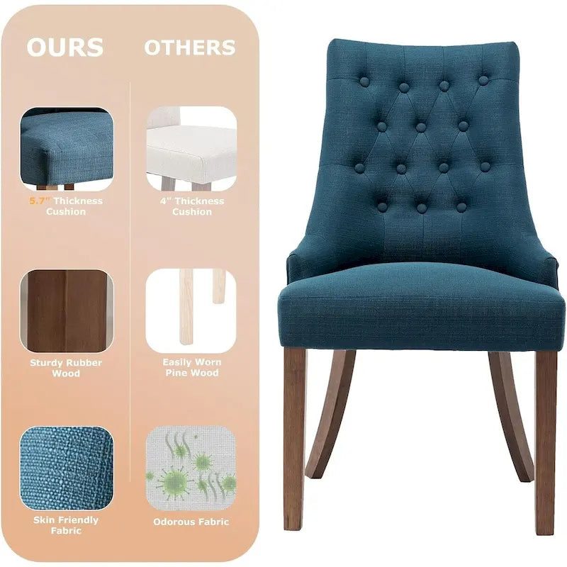 Lot de 2 chaises de salle à manger capitonnées avec dossier à oreilles, chaises d'appoint en tissu avec boutons touffetés