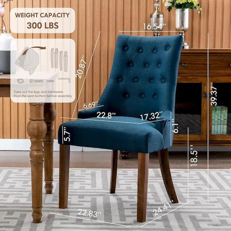 Lot de 2 chaises de salle à manger capitonnées avec dossier à oreilles, chaises d'appoint en tissu avec boutons touffetés