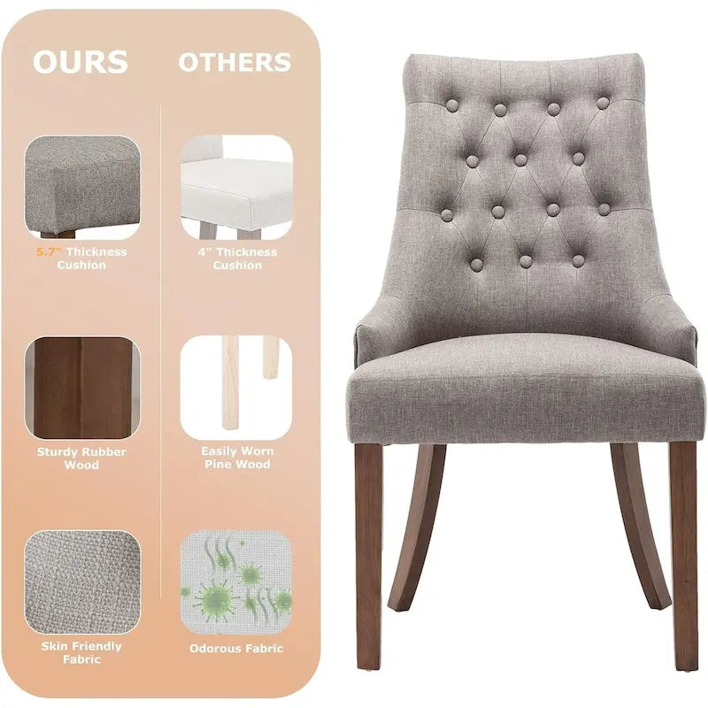 Lot de 2 chaises de salle à manger capitonnées avec dossier à oreilles, chaises d'appoint en tissu avec boutons touffetés