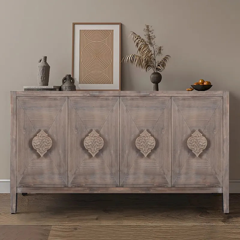 Credenza a Fiori Intagliati Stile Antico con Cassetti e Ante