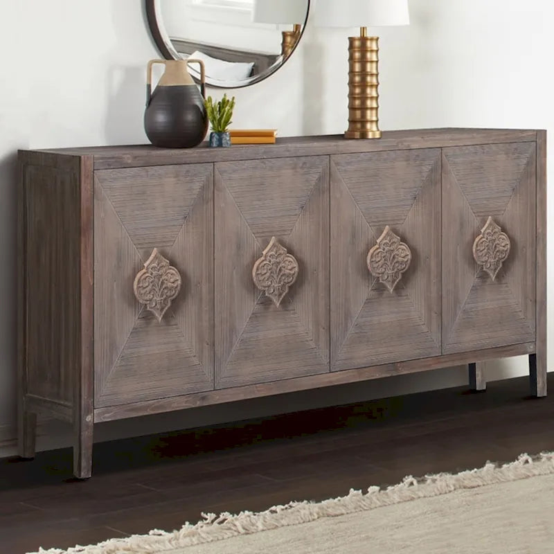 Credenza a Fiori Intagliati Stile Antico con Cassetti e Ante
