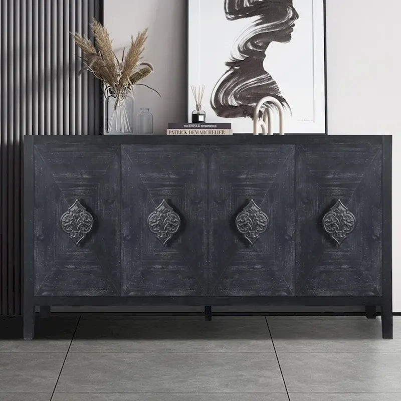 Credenza a Fiori Intagliati Stile Antico con Cassetti e Ante