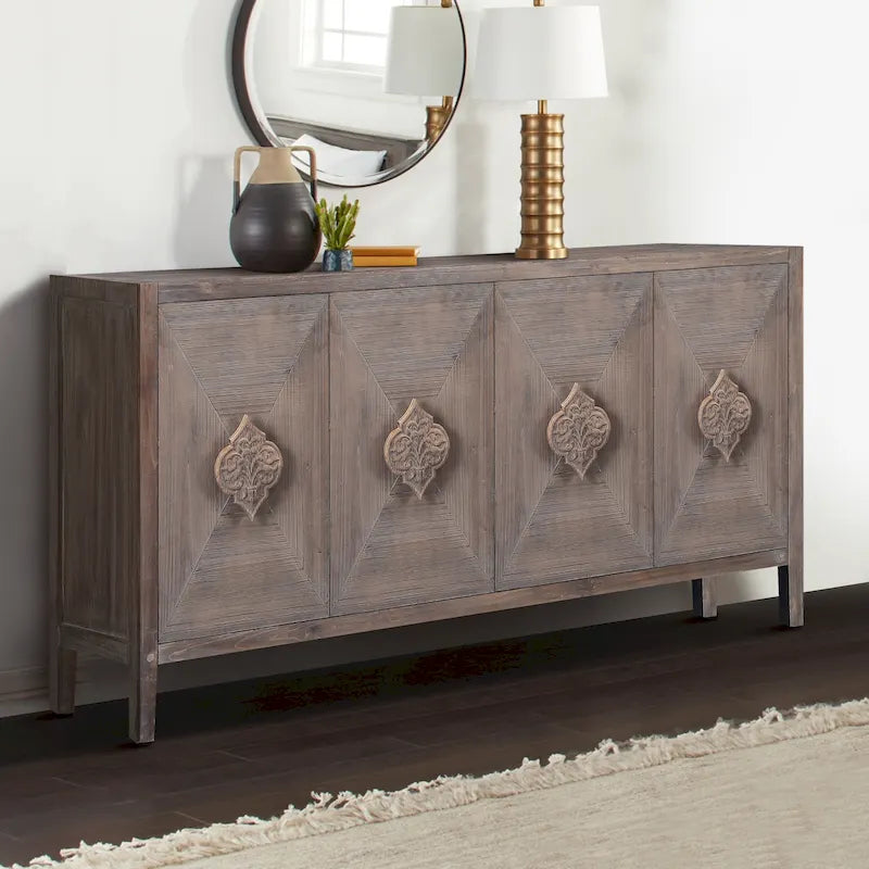 Credenza a Fiori Intagliati Stile Antico con Cassetti e Ante