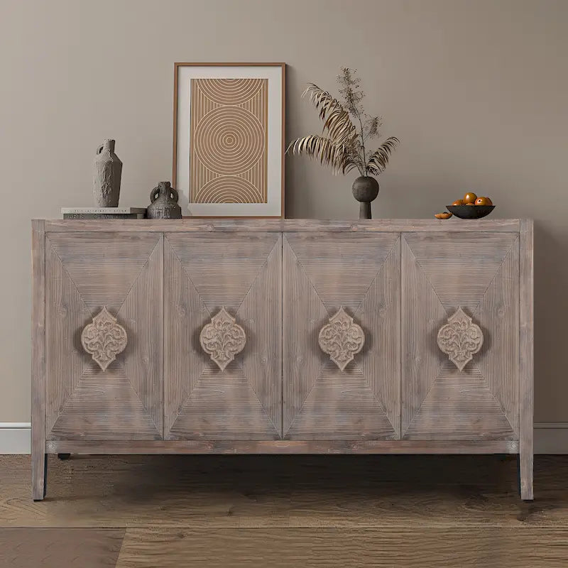 Credenza a Fiori Intagliati Stile Antico con Cassetti e Ante