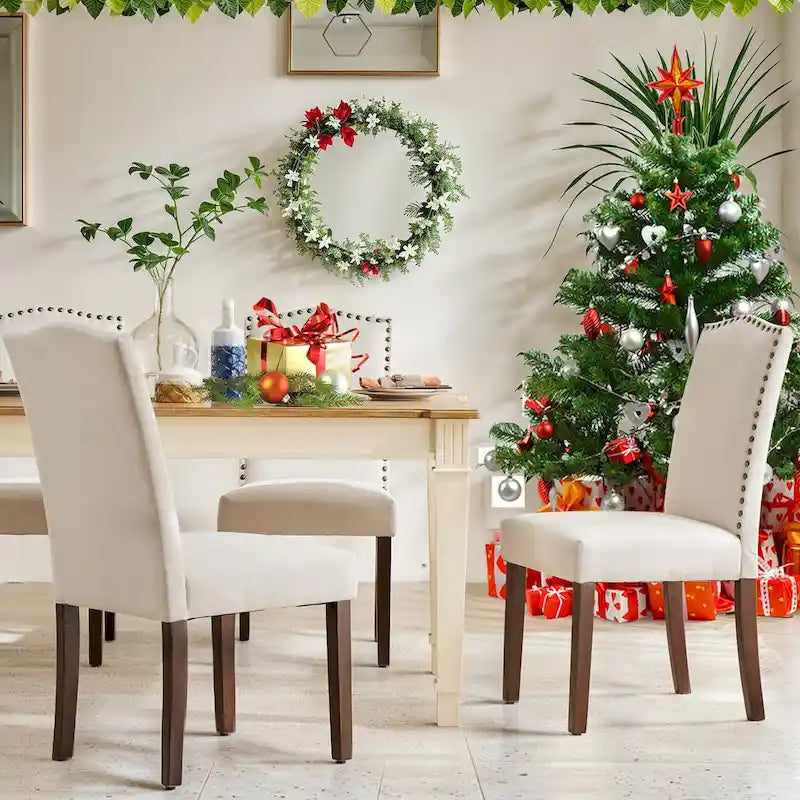Set di 2/4/6 sedie da pranzo, sedia da sala da pranzo moderna imbottita di fascia alta con schienale borchiato, gambe in legno massello, sedia laterale in tessuto