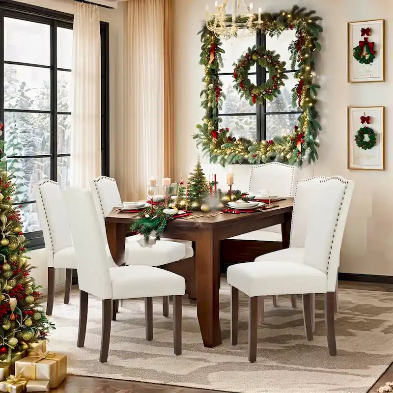 Set di 2/4/6 sedie da pranzo, sedia da sala da pranzo moderna imbottita di fascia alta con schienale borchiato, gambe in legno massello, sedia laterale in tessuto