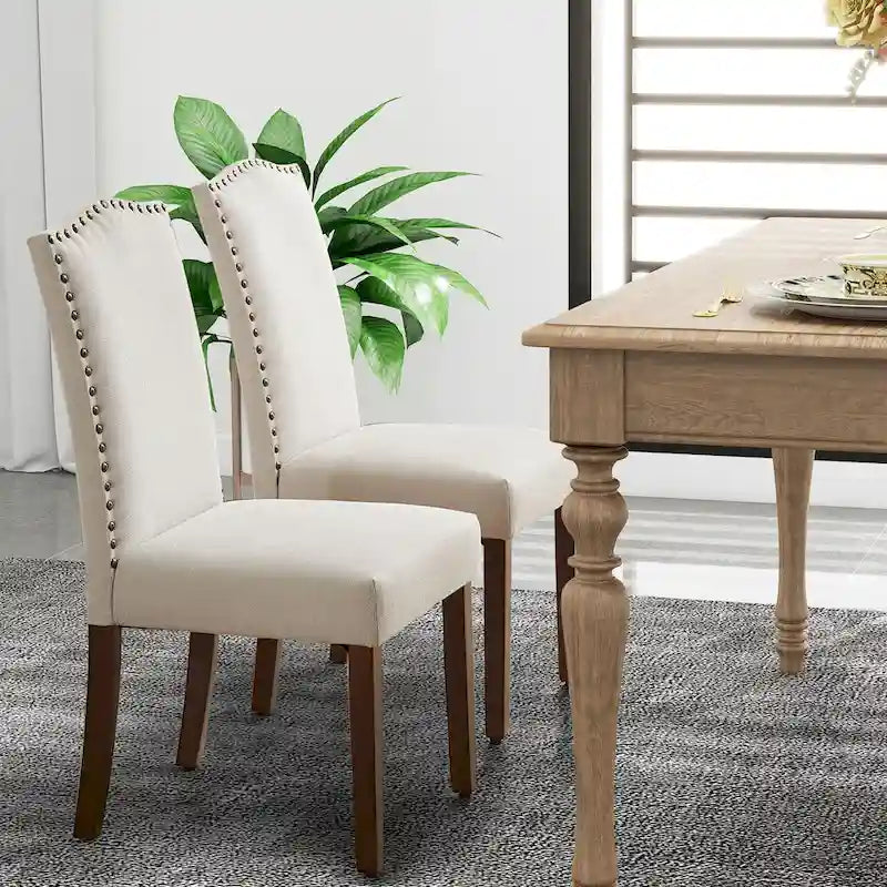Set di 2/4/6 sedie da pranzo, sedia da sala da pranzo moderna imbottita di fascia alta con schienale borchiato, gambe in legno massello, sedia laterale in tessuto
