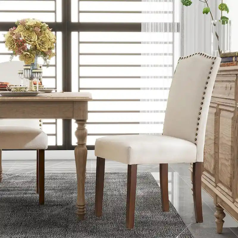 Set di 2/4/6 sedie da pranzo, sedia da sala da pranzo moderna imbottita di fascia alta con schienale borchiato, gambe in legno massello, sedia laterale in tessuto