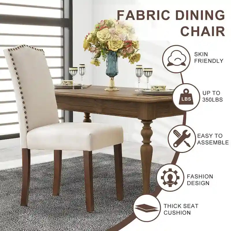 Set di 2/4/6 sedie da pranzo, sedia da sala da pranzo moderna imbottita di fascia alta con schienale borchiato, gambe in legno massello, sedia laterale in tessuto