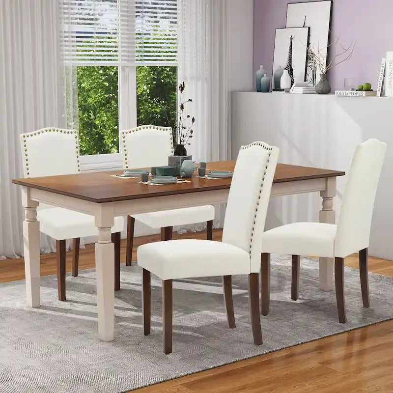 Set di 2/4/6 sedie da pranzo, sedia da sala da pranzo moderna imbottita di fascia alta con schienale borchiato, gambe in legno massello, sedia laterale in tessuto