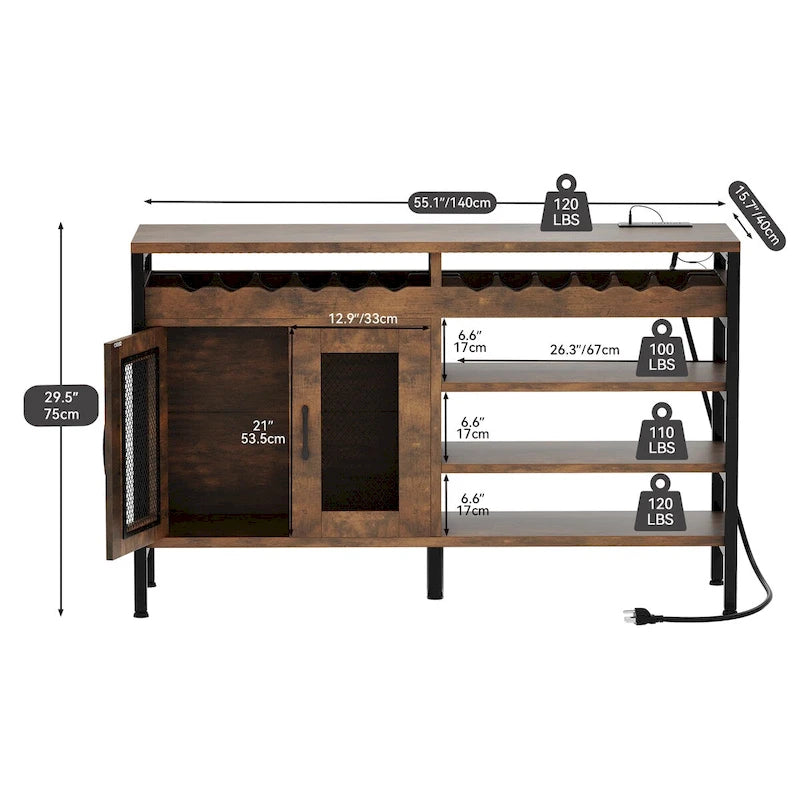 Moasis 55 Mobile Bar Industriale con Luci a LED e Prese di Corrente - 139,7L x 39,8W x 74,9H cm