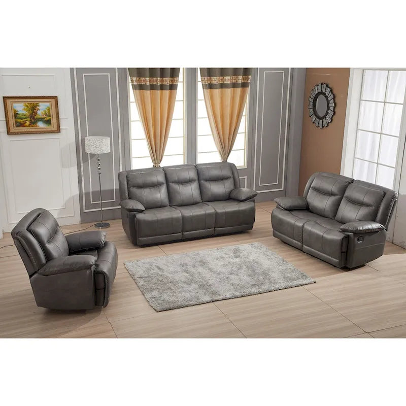 Set Soggiorno Reclinabile in 3 Pezzi in Pelle Rigenerata Betsy Furniture, Divano, Divanetto e Poltrona Girevole