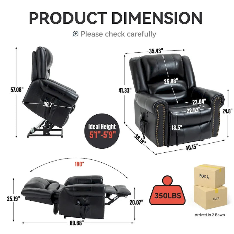 Fauteuils inclinables releveurs en cuir véritable à deux moteurs, massage et chauffage, ports USB