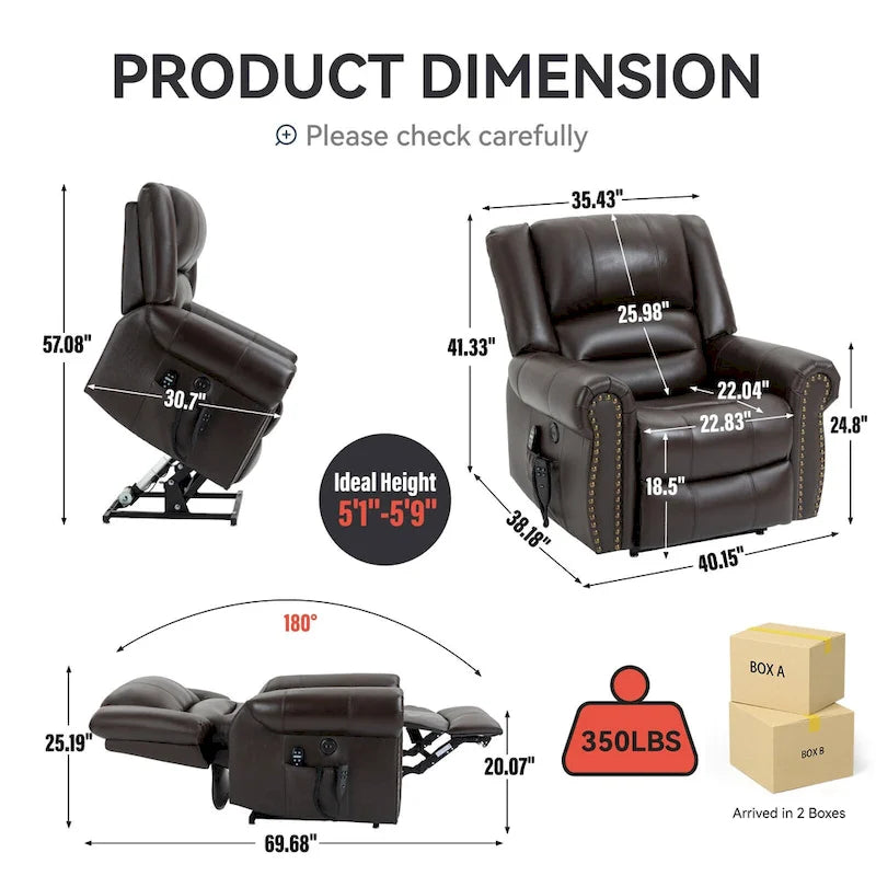 Fauteuils inclinables releveurs en cuir véritable à deux moteurs, massage et chauffage, ports USB