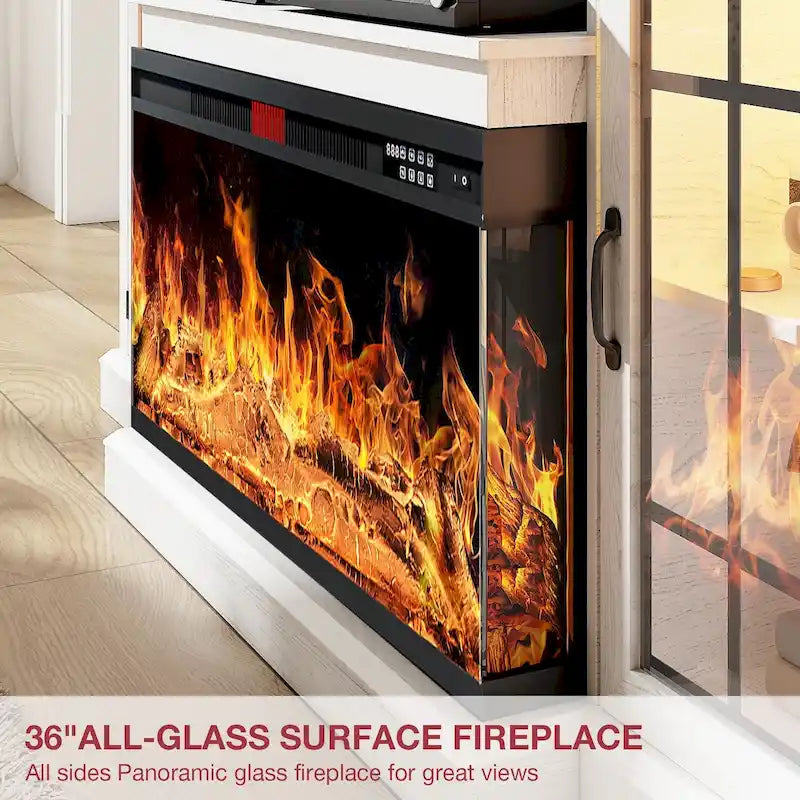 Meuble TV cheminée en verre à 3 faces de 36 pouces pour téléviseurs jusqu'à 80 pouces