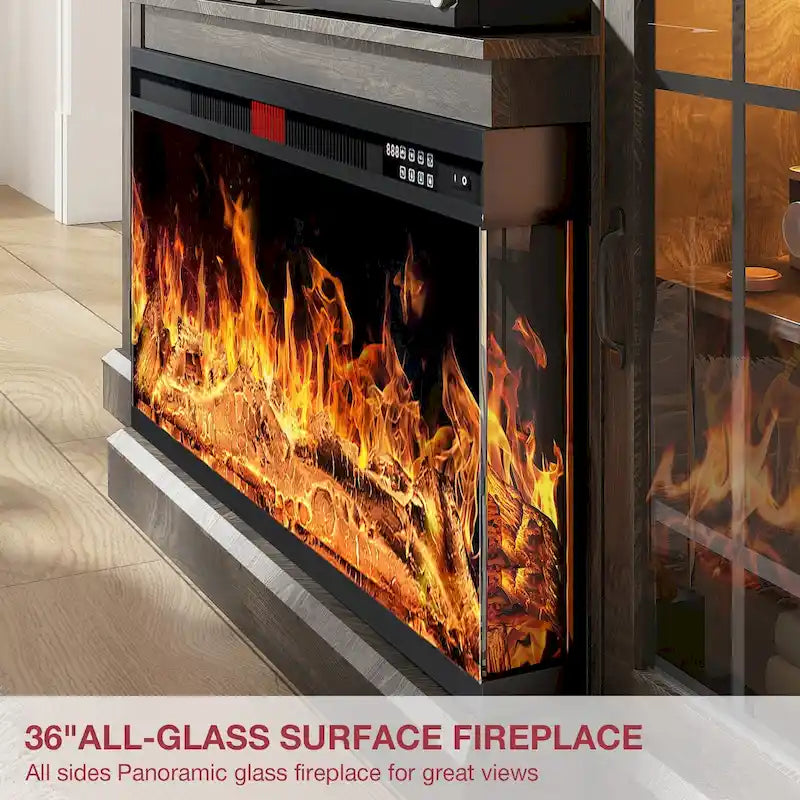 Meuble TV cheminée en verre à 3 faces de 36 pouces pour téléviseurs jusqu'à 80 pouces