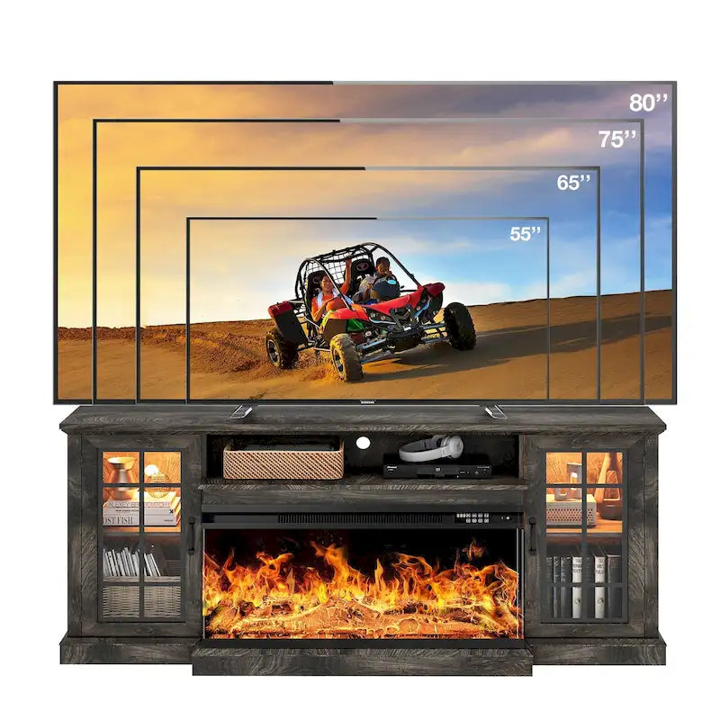 Meuble TV cheminée en verre à 3 faces de 36 pouces pour téléviseurs jusqu'à 80 pouces